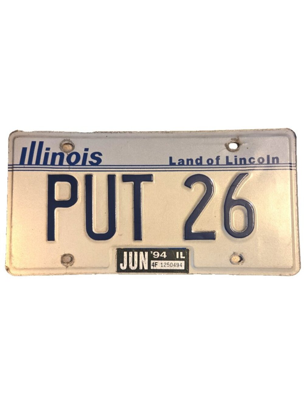 PUT 26 Illinois License Plate 1994 Sticker Vintage Collectible Blue White